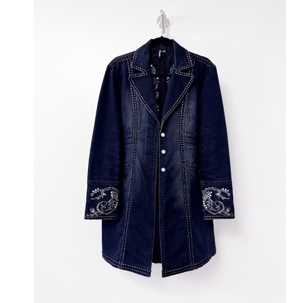 Ethyl Denim Embroidered Sequin Longline Jacket Dark Wash Boho Duster Coat
